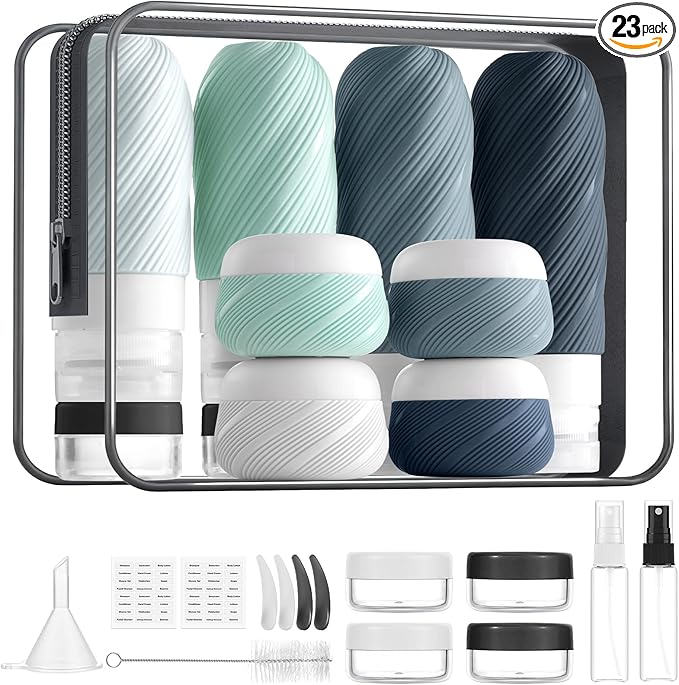 LitBear 23 Pack TSA Approved Travel Bottles for Toiletries, Leak Proof Refillable Travel Size Containers Kit with Silicone Squeezable Bottles Jars for Shampoo Lotion Conditioner, in Clear Bag, Gray