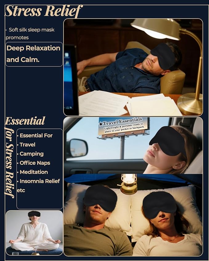 3D Silk Sleep Mask, Eye Pillow for Insomnia Relief (Black, Deluxe-Gift-Box Edition)