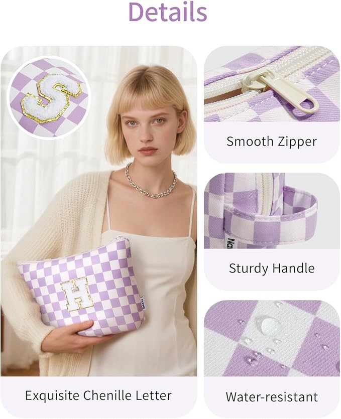 Narwey 2 Piece Personalized Initial Makeup Bag Checkered Cosmetic Bags, 6 8 10 11 12 13 14 16 18 Years Old Teen Girl Gifts Trendy Stuff Birthday Gifts for Women, Travel Toiletry Bag (Purple Letter H)