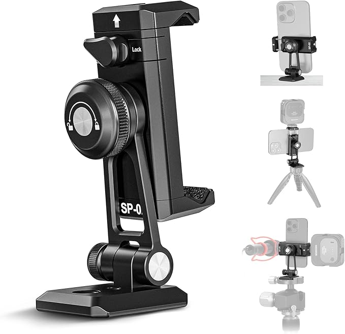 NEEWER Metal Phone Tripod Mount Adapter with Arca QR Base, Cold Shoe, 360° Swivel 180° Tilt, Phone Holder Compatible with iPhone 15 Pro Max Galaxy S24