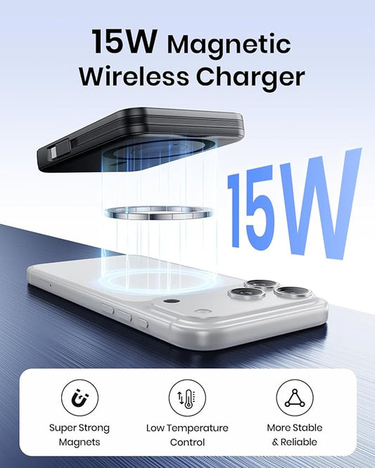 Hiluckey 10000mAh Magnetic Power Bank with Built in 20W USB C Cable, Ultra Slim 15W Fast Charging Wireless Portable Charger for iPhone 17/16/15/14/13/12 Pro/Pro Max Apple Watch, Travel Battery Pack
