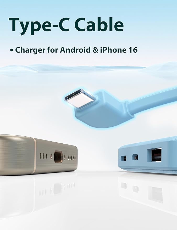 6000mah Ultra Slim Built in Cables Power Bank, Card Size Built in USB C Cords Battery Pack Portable Charger for Phones, 3 Output External Battery Pack Compatible with iPhone, Blue