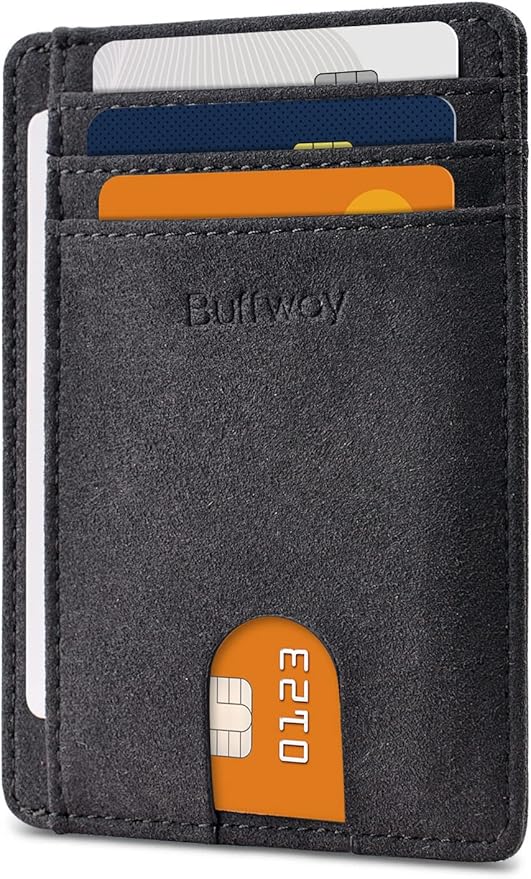 Buffway Slim Minimalist Front Pocket RFID Blocking Leather Wallets for Men and Women - At Sahara Carbon Black