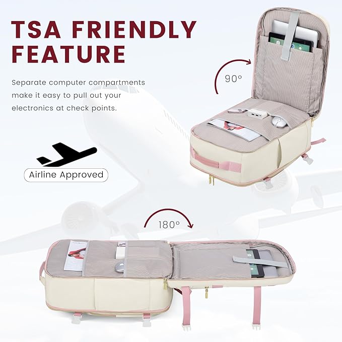 LOVEVOOK 40L Large Travel Backpack for Women Men, 17 Inch Carry on Backpack for Traveling on Airplane, Personal Item Travel Bag Airline Approved, Business Causal Weekender Backpack, Beige-Pink