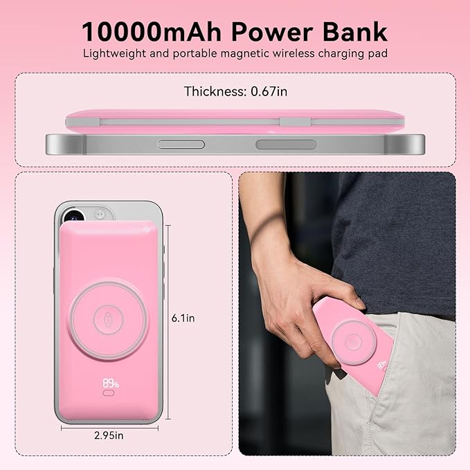 Magnetic 10000mAh Portable Charger for iWatch & iPhone, 22.5W USB C Fast Charging Wireless Power Bank Built-in Cables and Wall Plug, External Travel Battery Pack Compatible with iOS Android Devices