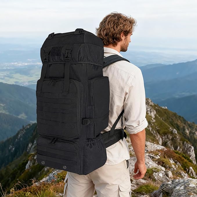 Vaupan 70L Hiking Backpack for Men Women Camping bag with Shoe Compartment Large Military Tactical Backpack, MOLLE Rucksack Sport Travel Backpacking Daypack (Black)