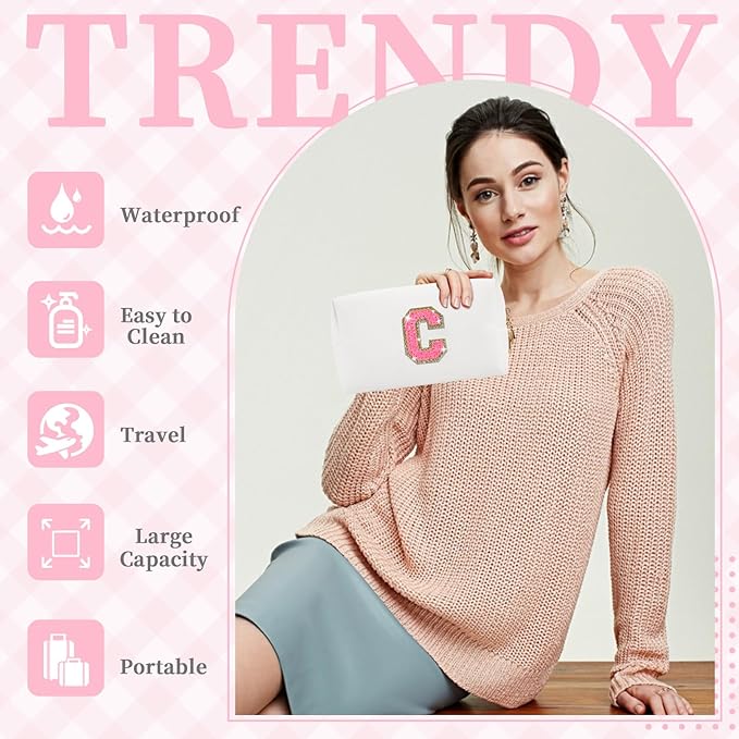 Small Personalized Initial A-Z Patch Makeup Bag,White Cute PU Leather Glitter Letter Cosmetic Bag for Teen Girls,Travel Toiletry Bag with Zipper,Preppy Monogrammed Birthday Gift for Daughter Niece C