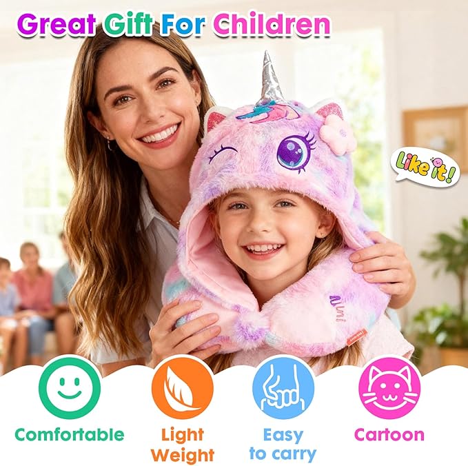 Travel Neck Pillow with Hood for Kids Adult Cute Soft Plush Memory Foam Airplane Neck Pillow for Traveling Animal Flight Pillow Head Rest Neck Support for Cars Long Flights