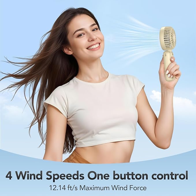 PANERGY Portable Handheld Fan, 5000mAh Rechargeable, 14H Max Cooling Time, 4 Gear Wind & LED Display, 90° Foldable Design, 3-IN-1 Mini Fan for Travel Working Concerts Makeup - Beige
