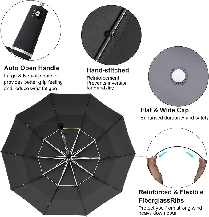 Satol Extra Large Golf Umbrella, 46/54/62 Inch Windproof 10 Ribs Vented Double Canopy Reflective Strips Automatic Open/Close Waterproof UV Protection Portable Compact Umbrella for Outdoor & Travel
