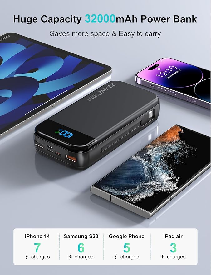 Portable Charger Power Bank Built-in Cables, 32000mAh 22.5W USB C Fast Charging, 5 Outputs 3 Inputs Travel Essentials Battery Pack Compatible with iPhone, iPad, Samsung, Google Pixel, Black