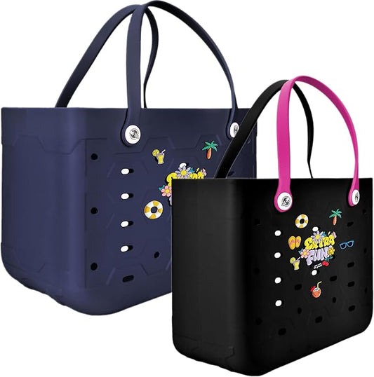 2-Piece Tote Bag Set, Waterproof Rubber Beach Bag with Summer Pattern, Medium & Large Handbag for Pool, Beach, Boat