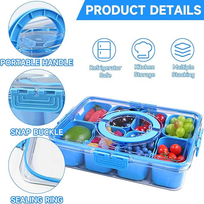 Yuroochii Snackle Box Container, Portable Snack Box 8 Compartment Divided Serving Tray with Lid & Handle, Clear Snack Charcuterie Platter for Travel Candy Party Fruit Salad (Blue)