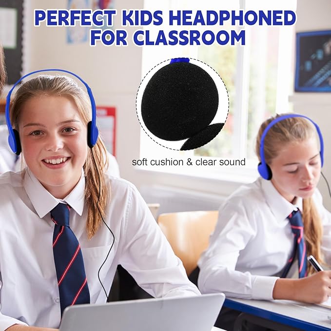 Konohan 10 Pack Headphones Bulk Headphone for School Classroom Student Wired Headphones Adjustable with 3.5 mm Jack for Adults (Dark Blue)