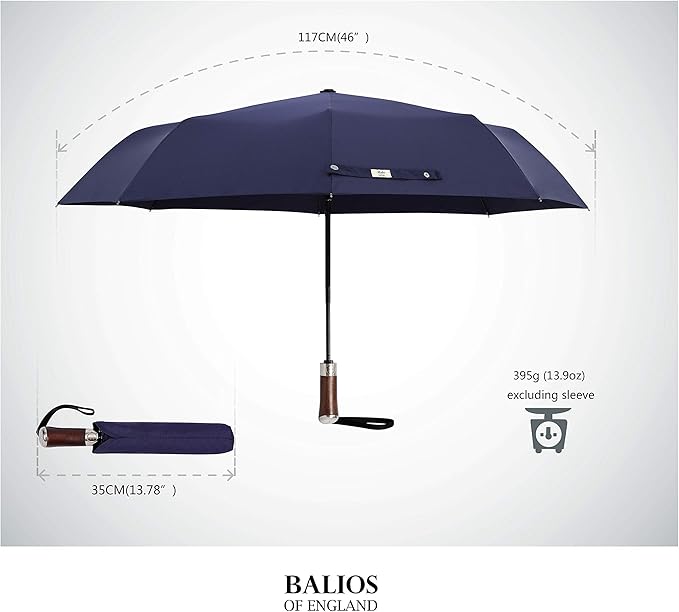 Balios (Designed in UK) Travel Umbrella Luxurious Golden Hardwood Handle Auto Open & Close Windproof Frame Single Canopy Automatic Folding Umbrella Men's & Ladies