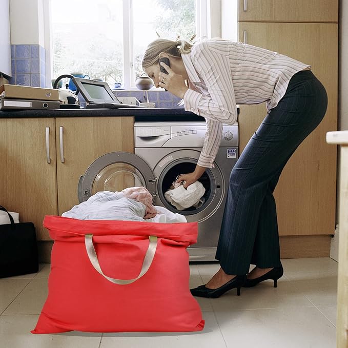 Cotton Canvas Laundry Bag with Handles & Drawstring Straps, Heavy Duty Extra Large Laundry Bags for Laundromat and Household, 25.5x34 Inch, Red
