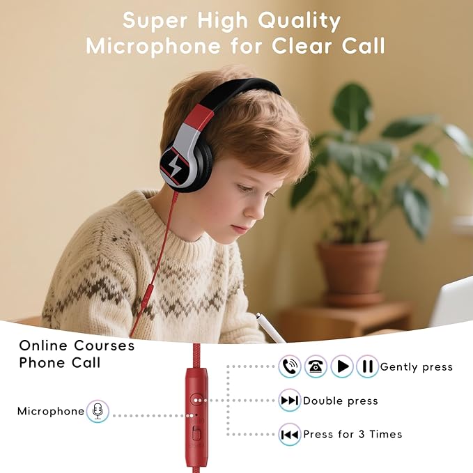 Kids Headphones, Wired Headphones for Kids Over Ear with Microphone, 85/94dB Volume Limiter Headphone for Girls Boys, Foldable Headphone for Learning & Entertainment, Black and Red