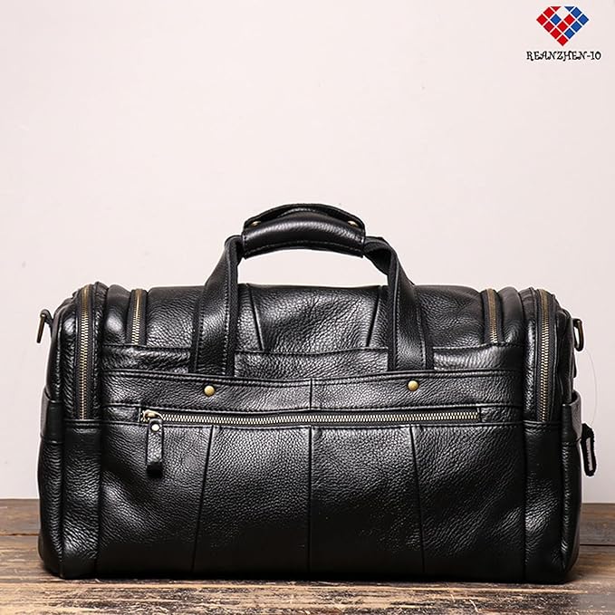 Full CowhideLeather Large duffel bags for men holdall leather travel bag overnight gym sports weekend bag (black)