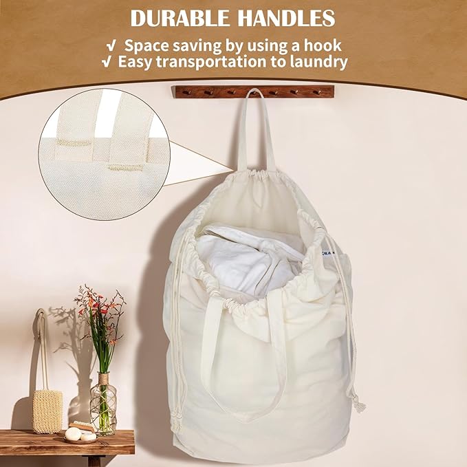 Canvas Laundry Bags 18x18in with Handles & Square Base, Extra Large Heavy Duty Laundry Basket Hamper Liner, Washable Drawstring Dirty Clothes Bag Canvas Storage Sack (Beige XL,1 Pack)