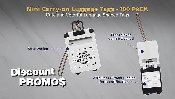 100 Mini Carry-on Luggage Tags Pack - Customizable Text, Logo - Flip Open Cover, ID Sticker - White
