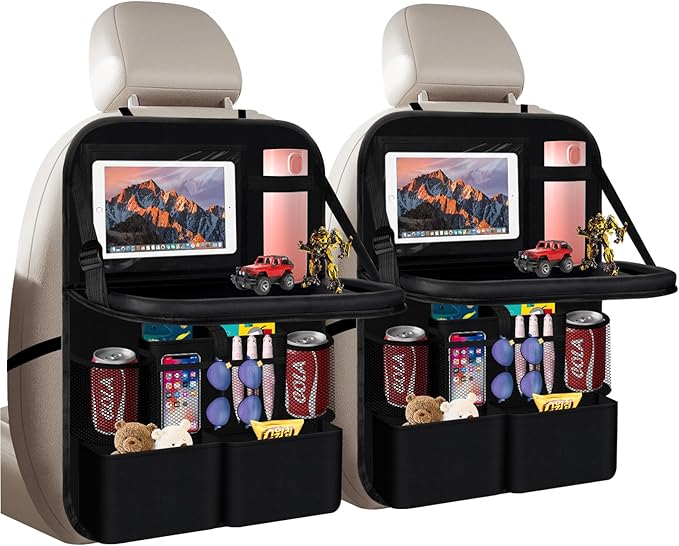 The car rear seat storage unit comes with a flat rack, 13 storage compartments, a foldable tray table, a rear seat kick pad, and can hold snacks and toys. It's black (2pieces【Dining table style】)