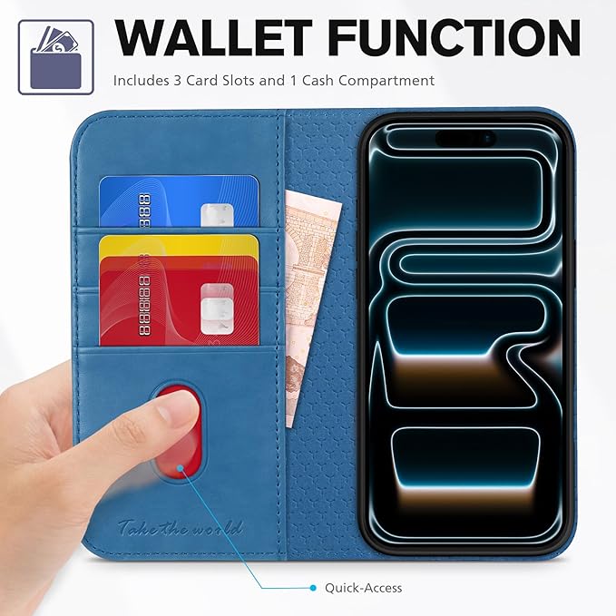 TUCCH Wallet Case for iPhone 17 Pro (6.3-Inch) 2025, 3 Credit Card Slot | RFID Blocking | Stand | PU Leather | Shockproof TPU Interior Shell | Protective Flip Folio Cover | Lake Blue