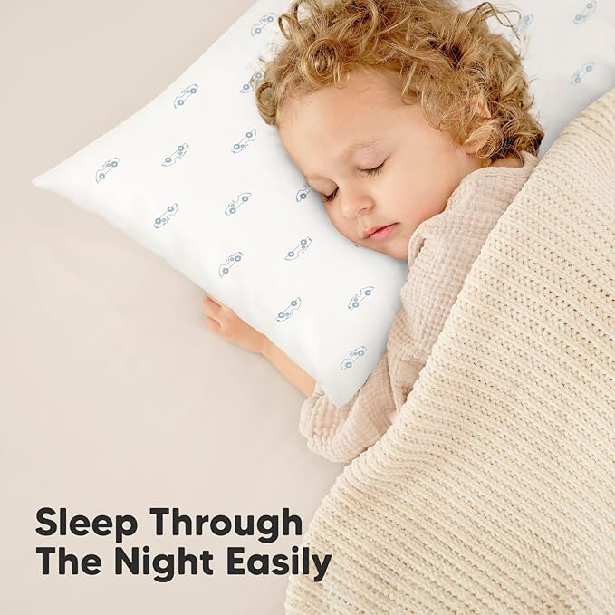 KeaBabies 2-Pack Toddler Pillow 13x18 - Soft Organic Cotton Kids Travel Bed Pillows for Sleeping, School, Nap, Machine Washable, Toddlers 2 to 5, Pillowcase Sold Separately (Roadsters)