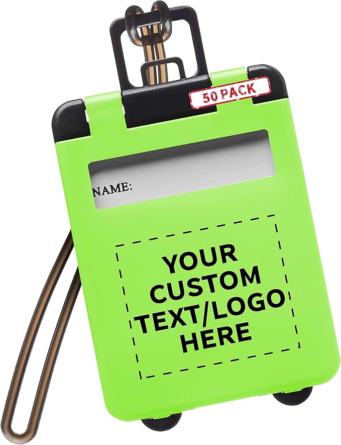50 Mini Carry-on Luggage Tags Pack - Customizable Text, Logo - Flip Open Cover, ID Sticker - Lime Green