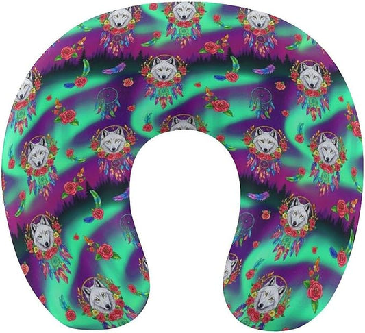 Cute Travel Neck Pillow Dream Catcher Boho Wolf Memory Foam U Shaped Cushion, Washable Cover for Boys Girls Airplane Car School Nap