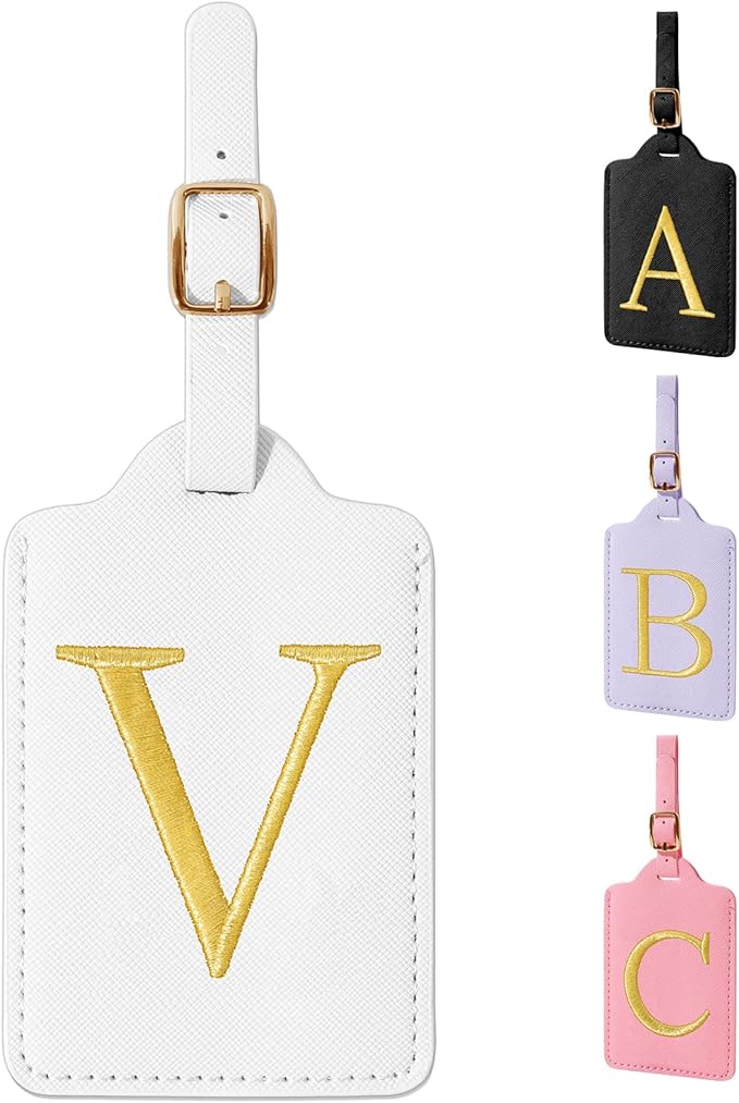 Personalized Initial Luggage Tags for Suitcase TSA Approved, White Leather Cute Luggage Tag with Privacy Cover Name Card, Embroidered Custom Luggage Tags Travel Baggage Tags Gifts for Women Kids(V)