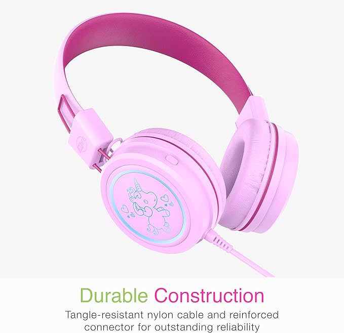 MEE audio KidJamz KJ55 Personalized USB-C Safe Listening Wired Headphones for Kids with Custom LED-Backlit Design, Volume Limiter, & Microphone for iPhone 15, iPad, & USB Type C Devices (Pink)