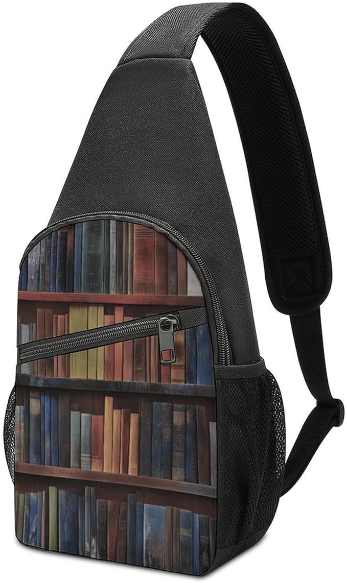 SWEET TANG Women Shoulder Chest Sling Bags Backpacks Vintage Library Bookshelf Bookcase, Fashion Casual Pack Crossbody Bags Daypack Multipurpose for Travel Outdoors Running