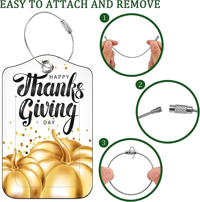 2 Pack Luggage Tag for Suitcase Happy Thanksgiving Day Leather Suitcase Tags with Privacy Name ID Label and Stainless Steel Loop for Travel Bag