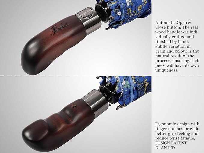 Balios Travel Folding Umbrella with Real Wood Handle Auto Open Close Vented Windproof Canopy - Designed in UK