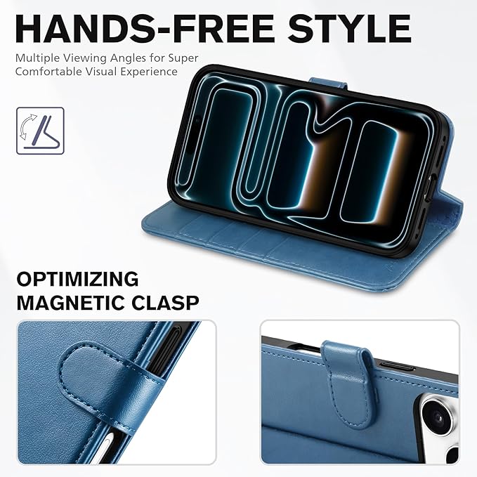 TUCCH Wallet Case for iPhone 17 Pro (6.3") 2025, 4 Card Slots, RFID Blocking, Stand, Shockproof TPU Shell, PU Leather, Magnetic Closure, Protective Flip Folio Cover, Light Blue