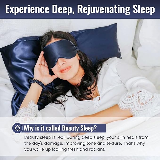 Pure SOL. Silk Sleep Mask - 100% Mulberry Silk Eye Mask - Eye Mask for Sleeping & Blindfold for Power nap During Travel (Navy)
