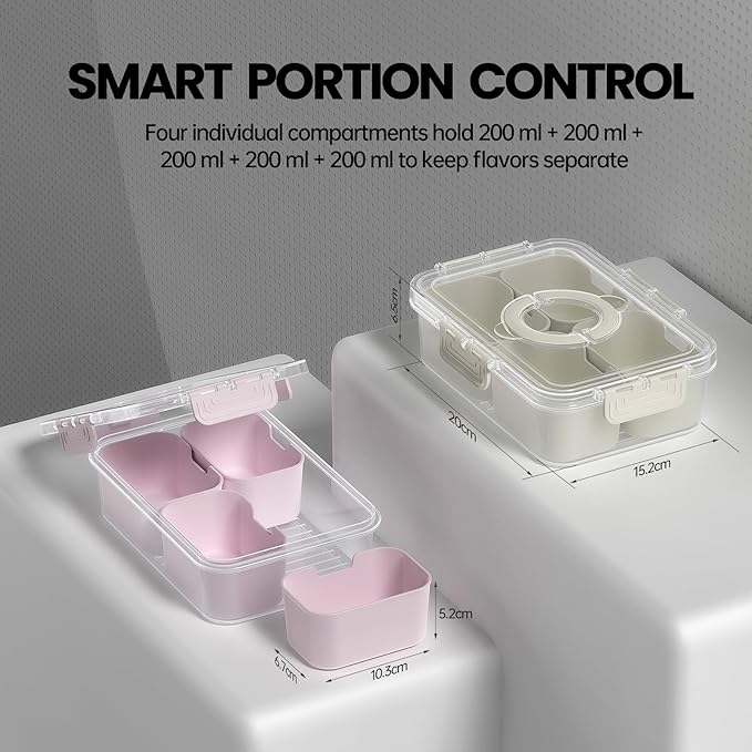 Snackle Box Container, Upgrade Dishwasher,Safe Snack Box for Adult Kids, 4 compartments Plastic Divided Serving Tray with Lid and Handle for Candy, Fruits, Snacks, Nuts,Small,White,2 Pack