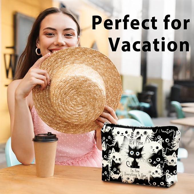 Funny Cat Makeup Bag for Women & Teen Girls, It's Fine I'm Fine Everything Fine Travel Pouches for Toiletries, Kitty Cosmetic Zipper Travel Toiletry Bag, Cute Black Cat Gifts for Cats Gifts Lovers