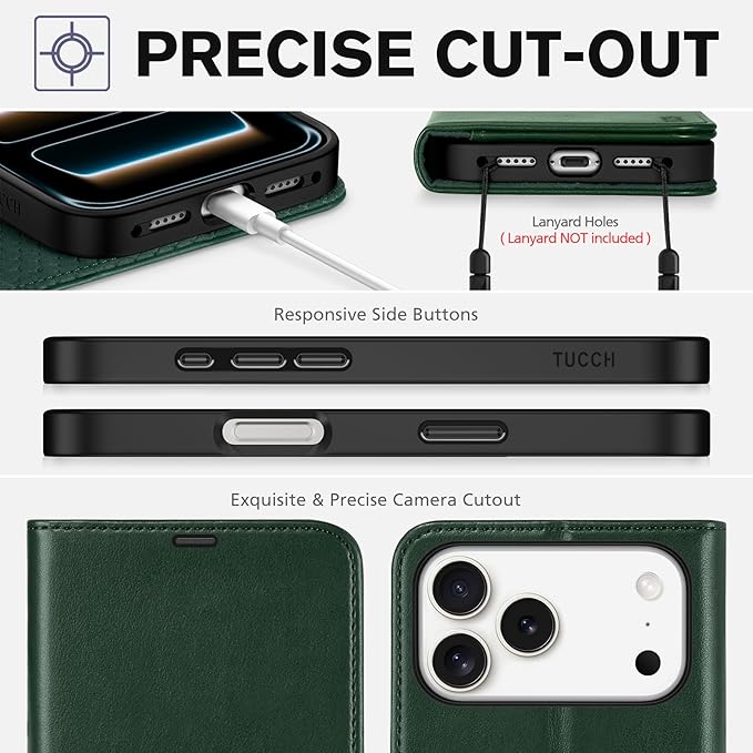 TUCCH Wallet Case for iPhone 17 Pro Max (6.9") 2025, RFID Blocking 4 Card Slots, Kickstand, Shockproof TPU Shell, PU Leather, Magnetic Closure, Protective Flip Folio Cover, Evergreen