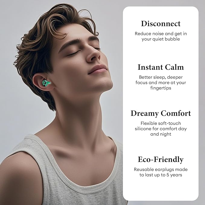 Noise Cancelling Ear Plugs 45dB – Reusable Silicone Earplugs for Sleeping, Snoring, Travel, Concerts & Work with 8 Eartips – Soft Comfortable Hearing Protection (Green, One Size)