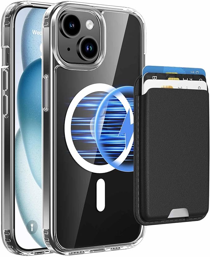 Ntwinro Magnetic for iPhone 15 Clear Case (Compatible with MagSafe) with Black Detachable Wallet & Card Holder for 3 Cards [RFID Blocking] Military Grade Protective Slim Phone Cover