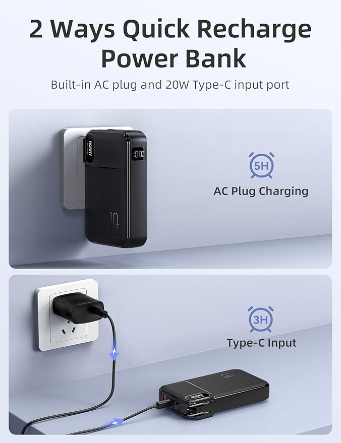 RORRY Portable Charger Built in Cables, AC Wall Plug In Portable Charger Power Bank 10000mAh Travel Battery Pack 22.5W Fast Charging for iPhone 17/16/15 Samsung Galaxy S24/S23/S22 Pixel LG iPad, Black