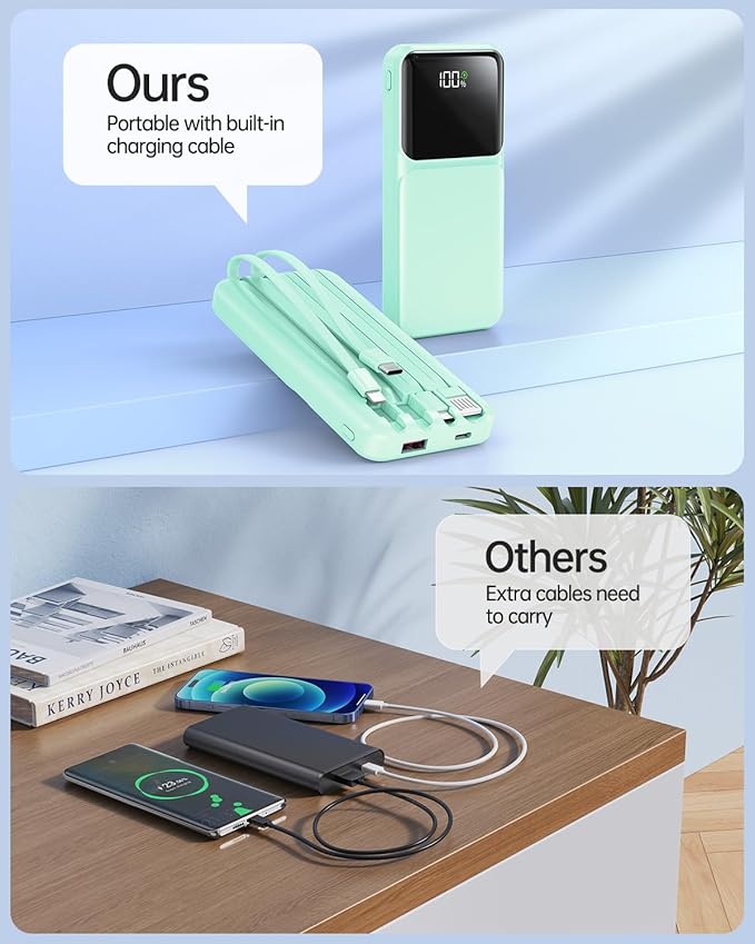 Portable Charger with Built in Cable - Power Bank Fast Charging USB C LED Display 10000mah Battery Pack 5 Outputs & 3 Inputs for Travel Essentials iPhone Samsung Android Phones Tablets Cyan