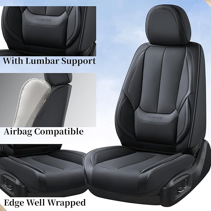 Coverado Seat Covers, Car Seat Covers Front Seats, Car Seat Cover, Car Seat Protector Waterproof, Car Seat Cushion Nappa Leather, Black Seat Covers Carseat Cover Universal Fit for Most Cars