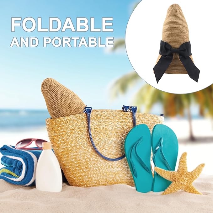 DRESHOW Sun Hats for Women Travel Fedora Foldable Beach Sun Hat Summer Wide Brim Straw Bucket Hat with Bowknot UPF 50+
