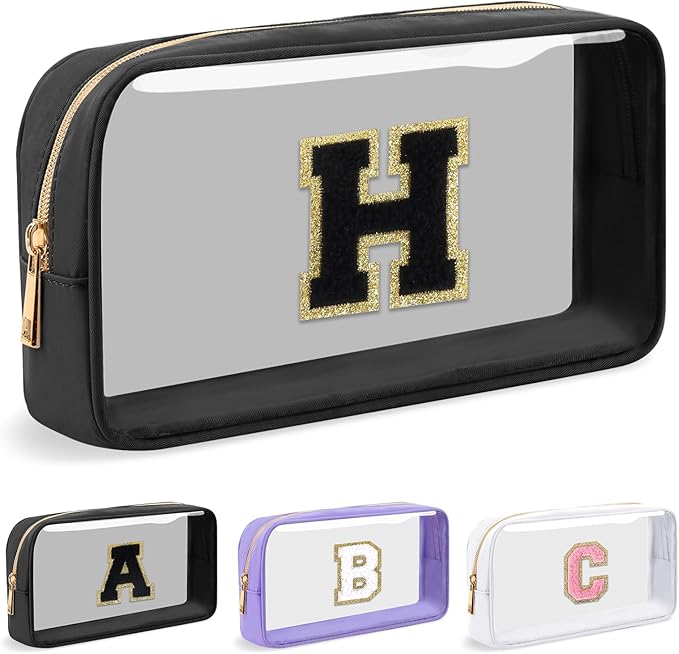 Personalized Initial Letter Clear Makeup Bag,Preppy Small Nylon&PVC Cosmetic Zipper Bag with Chenille Letter,Travel Skincare Toiletry Bag,Monogram Christmas Gift for Teen Girls Women,H