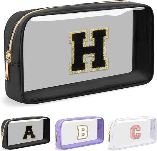 Personalized Initial Letter Clear Makeup Bag,Preppy Small Nylon&PVC Cosmetic Zipper Bag with Chenille Letter,Travel Skincare Toiletry Bag,Monogram Christmas Gift for Teen Girls Women,H