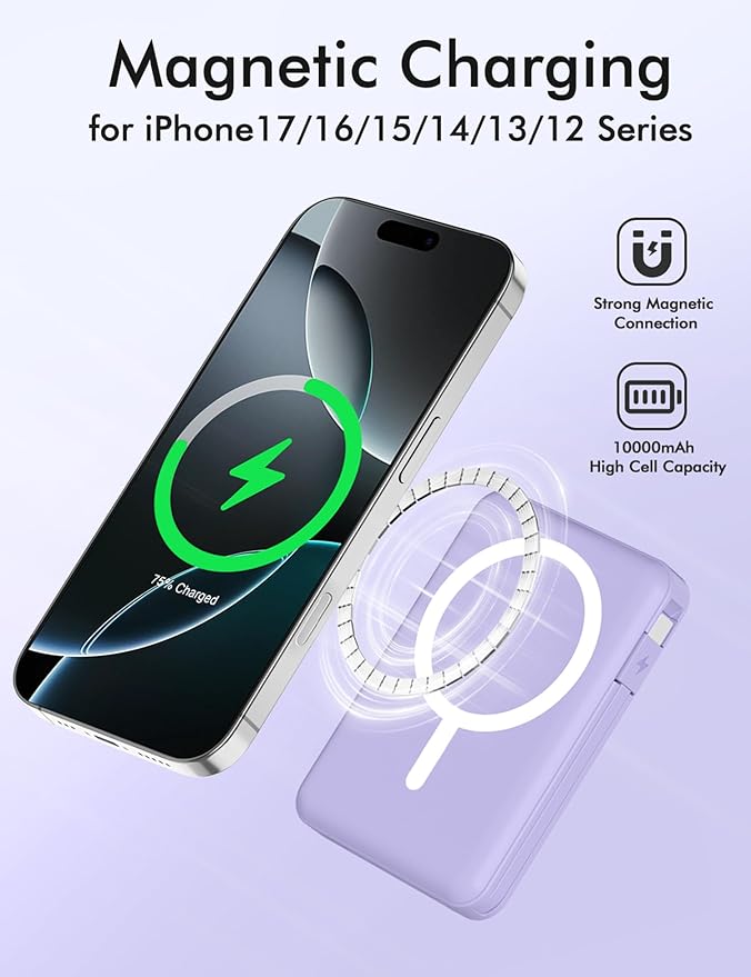 podoru for Magsafe Battery Pack, 10000mAh Magnetic Power Bank Built-in Double USB C Cables 22.5W PD Fast Charging LED Display Wireless Portable Charger for iPhone 17/16/15/14/13/12 Series-Purple