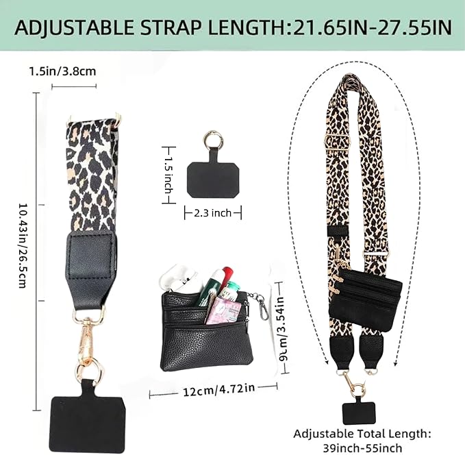 Crossbody Body Phone Holder for Women, New Phone Strap with Zippered Pouch, Adjustable Crossbody Strap (Leopard)