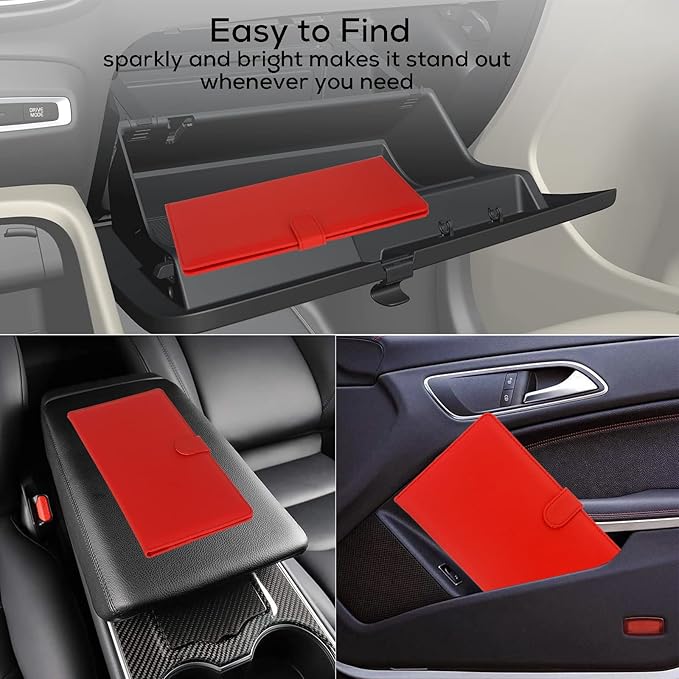Car Registration and Insurance Holder, Leather Magnetic Shut Vehicle Glove Box Organizer for Document, Card, Driver License, Red